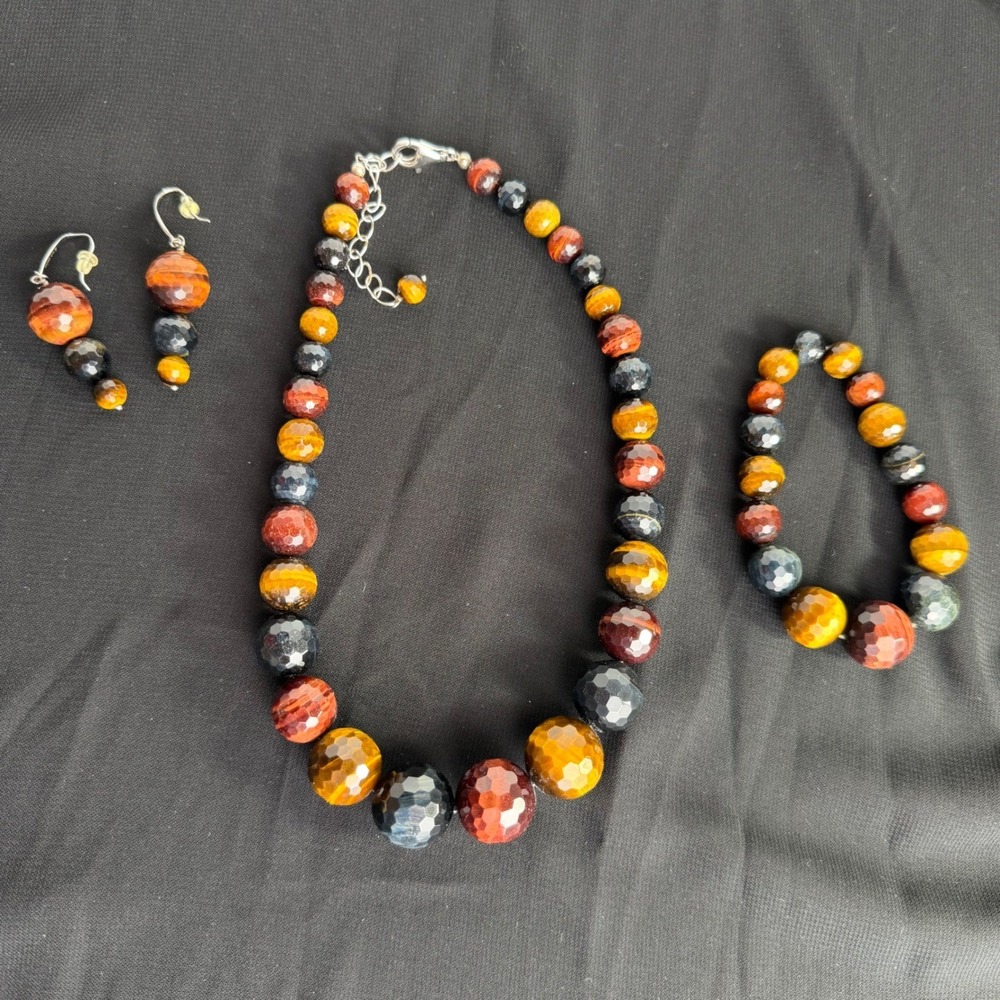 Sterling Silver Multi Color Tiger's Eye Faceted Bead Necklace Bracelet Earrings